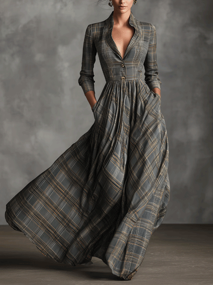 Damen-Maxikleid in Grau mit elegantem Tartanmuster aus Leinenmischgewebe und ausgestelltem Schnitt