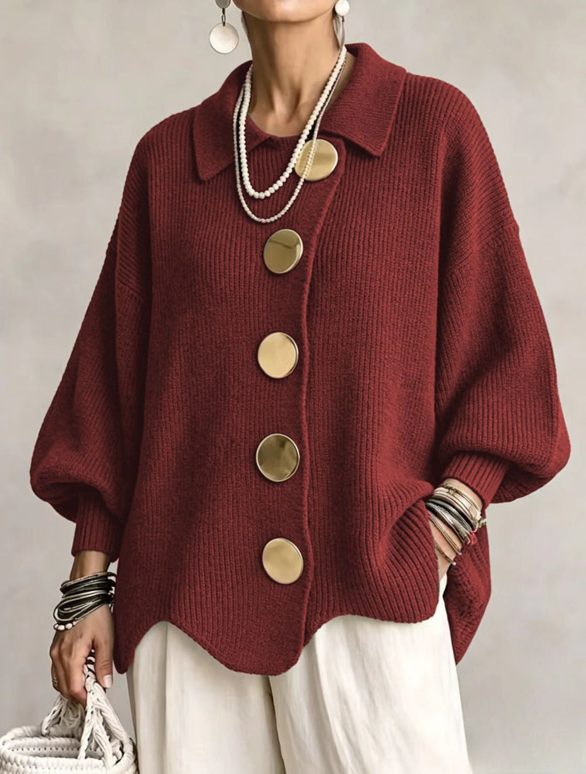 Button-Down Lapel Cardigan - Women's Fall Winter Sweater