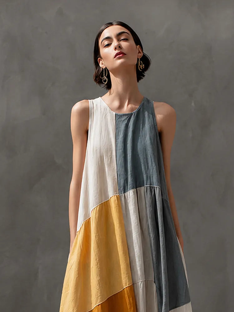 Soleil | Patchwork Cotton-Linen Sleeveless Maxi Dress