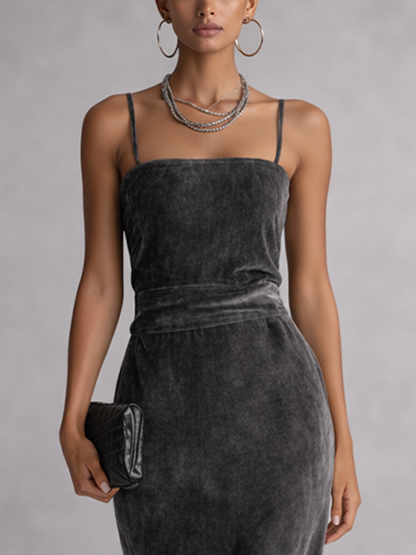 Women's Grey Velvet Square Neck Spaghetti Strap High Waist Long Dress