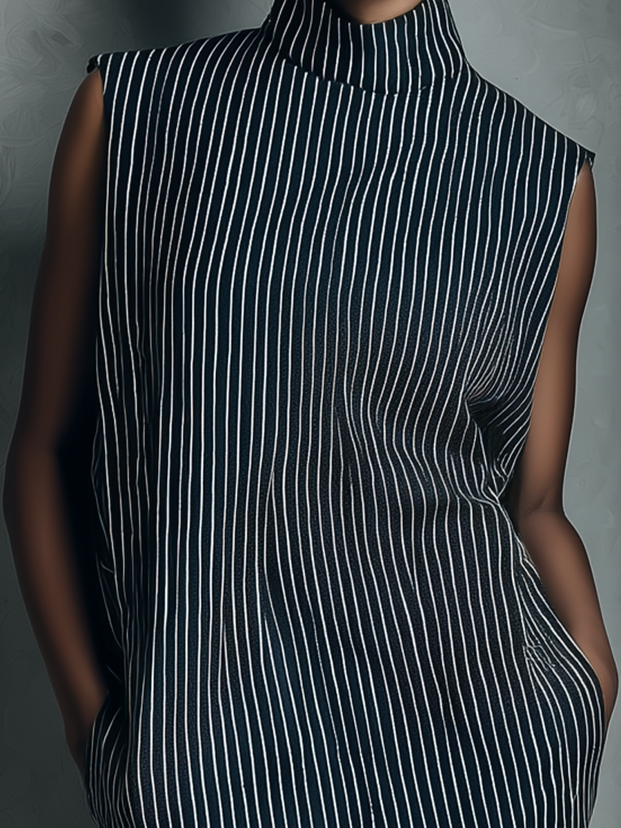 Vestido mini feminino azul-marinho listrado, sem mangas e com bolsos laterais