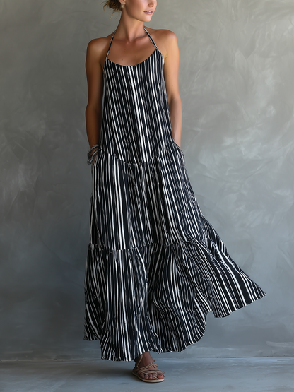 Women's Black And White Vacation Style Striped Maxi Dress With Halter Neckline & Tiered Skirt