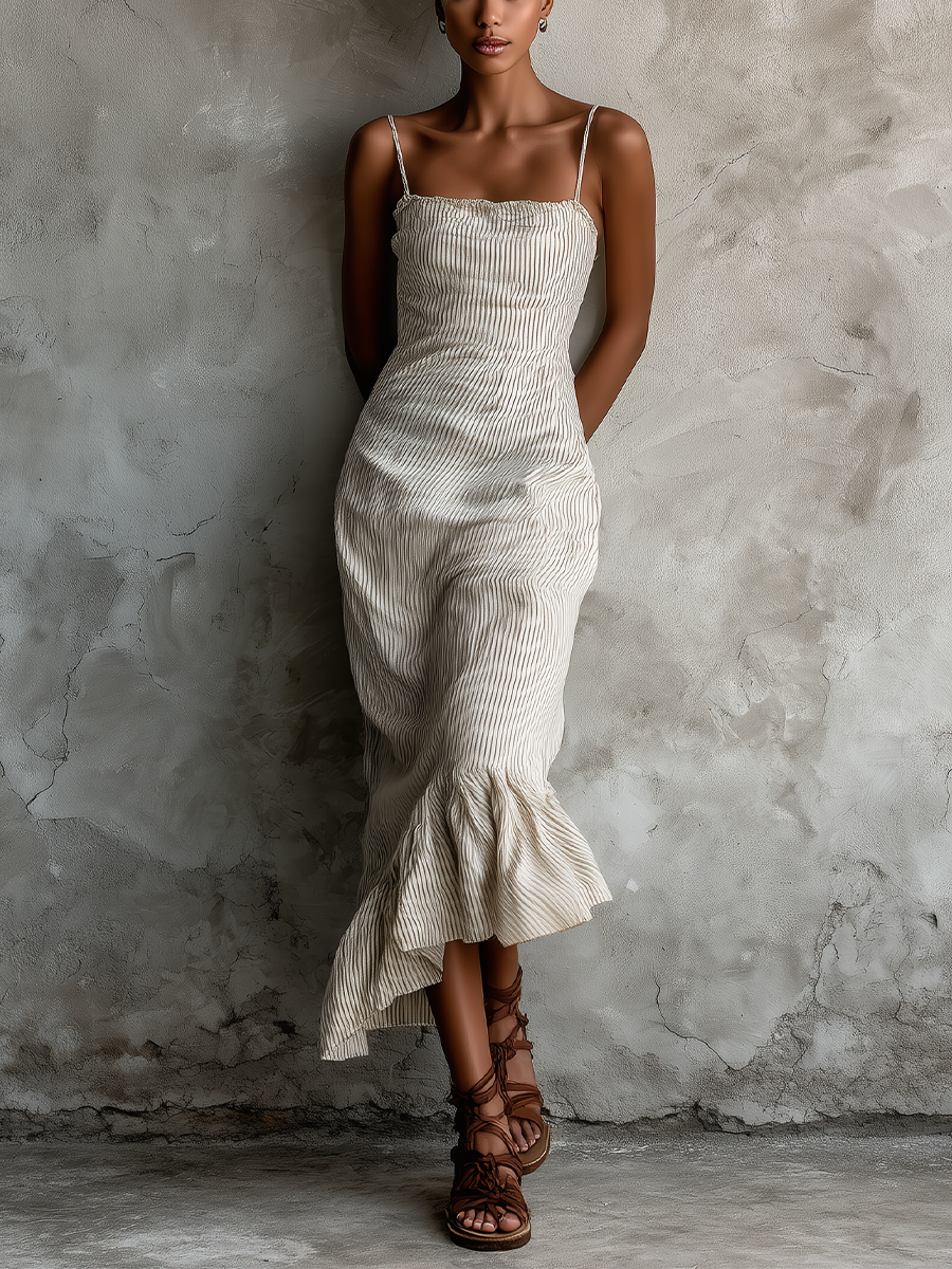 Vestido maxi feminino bege listrado, com alças finas e barra assimétrica com babados