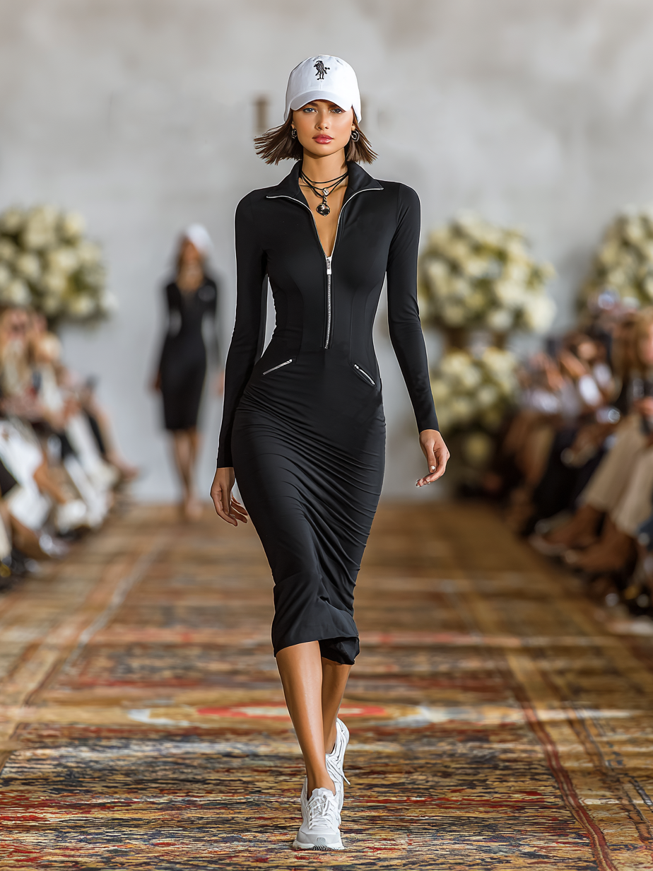 Sportliches Damen-Midikleid aus Baumwollmischung mit schmaler Passform, Reißverschluss und Reverskragen
