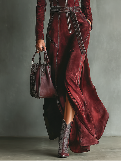 Women's Burgundy Retro Faux Suede Color-Contrast Maxi Dress