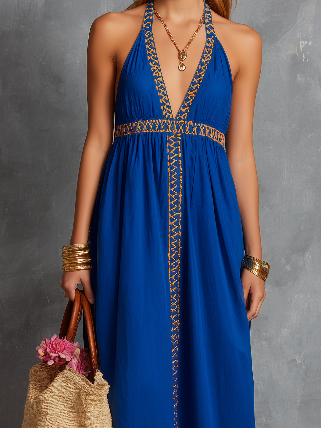 Women's Casual Blue Cotton Linen Embroidered V-Neck Sleeveless Camisole Dress