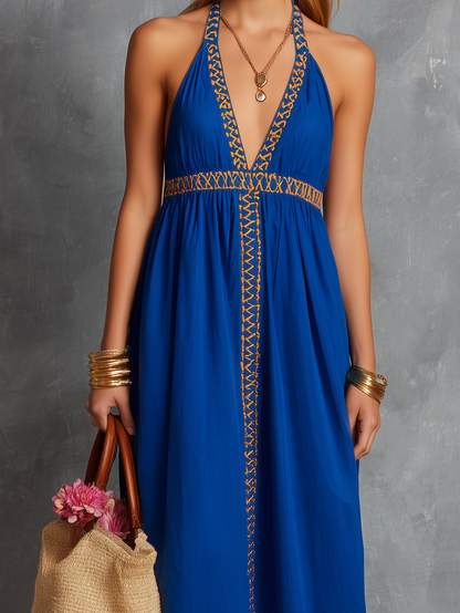 Women's Casual Blue Cotton Linen Embroidered V-Neck Sleeveless Camisole Dress