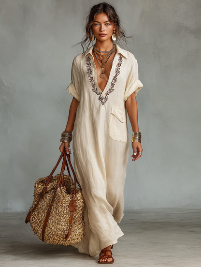 Vestido largo camisero minimalista para mujer, de mezcla de lino, con bordado y mangas cortas