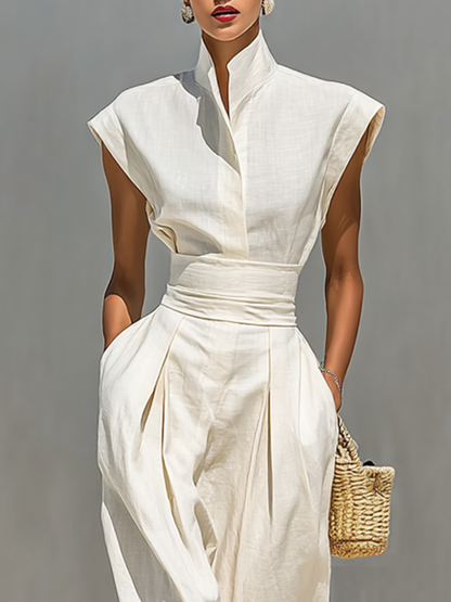 Vestido maxi feminino de algodão puro, com gola de lapela, mangas curtas e cintura marcada