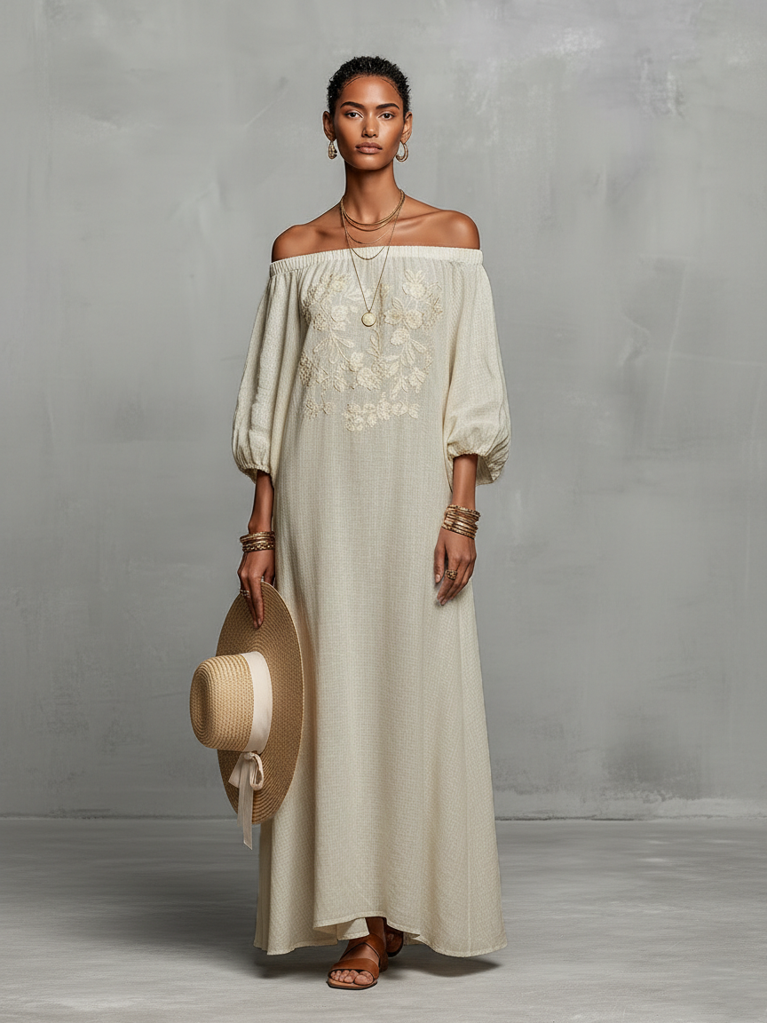 Women's Minimalist Off-the-shoulder Three-quarter Sleeve Embroidered Maxi Dress