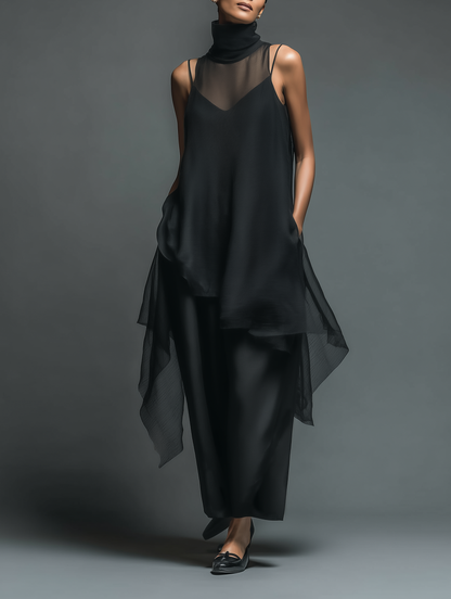 Women's Minimalist Imitation Acetate Slip Dress Paired With A Chiffon Overlay Maxi Dress