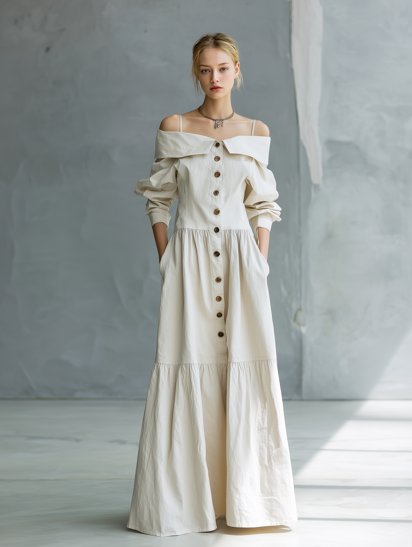 Vestido camisola blanco elegante para mujer, tejido, con diseño de hombros descubiertos y mangas largas holgadas