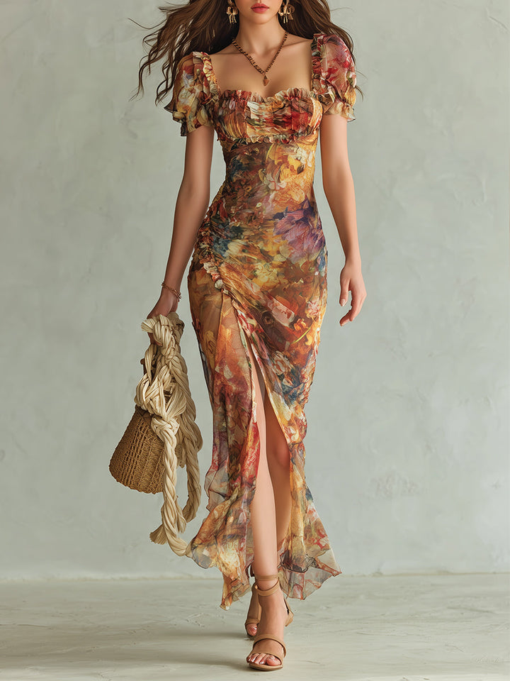 Boho Holiday oljemaleri trykt chiffon maxi-kjole