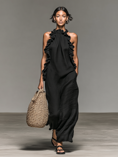 Vestido largo sin mangas minimalista para mujer, mezcla de lino, con detalles de volantes MDZ1622A0Y