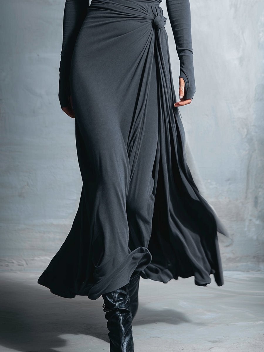 Vestido feminino cinza transpassado de tecido misto com stretch e acabamento requintado — vestido longo com nó