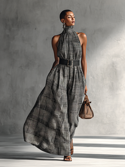 Damen-Maxikleid mit Karomuster, Stehkragen, ärmellos und Gürtel