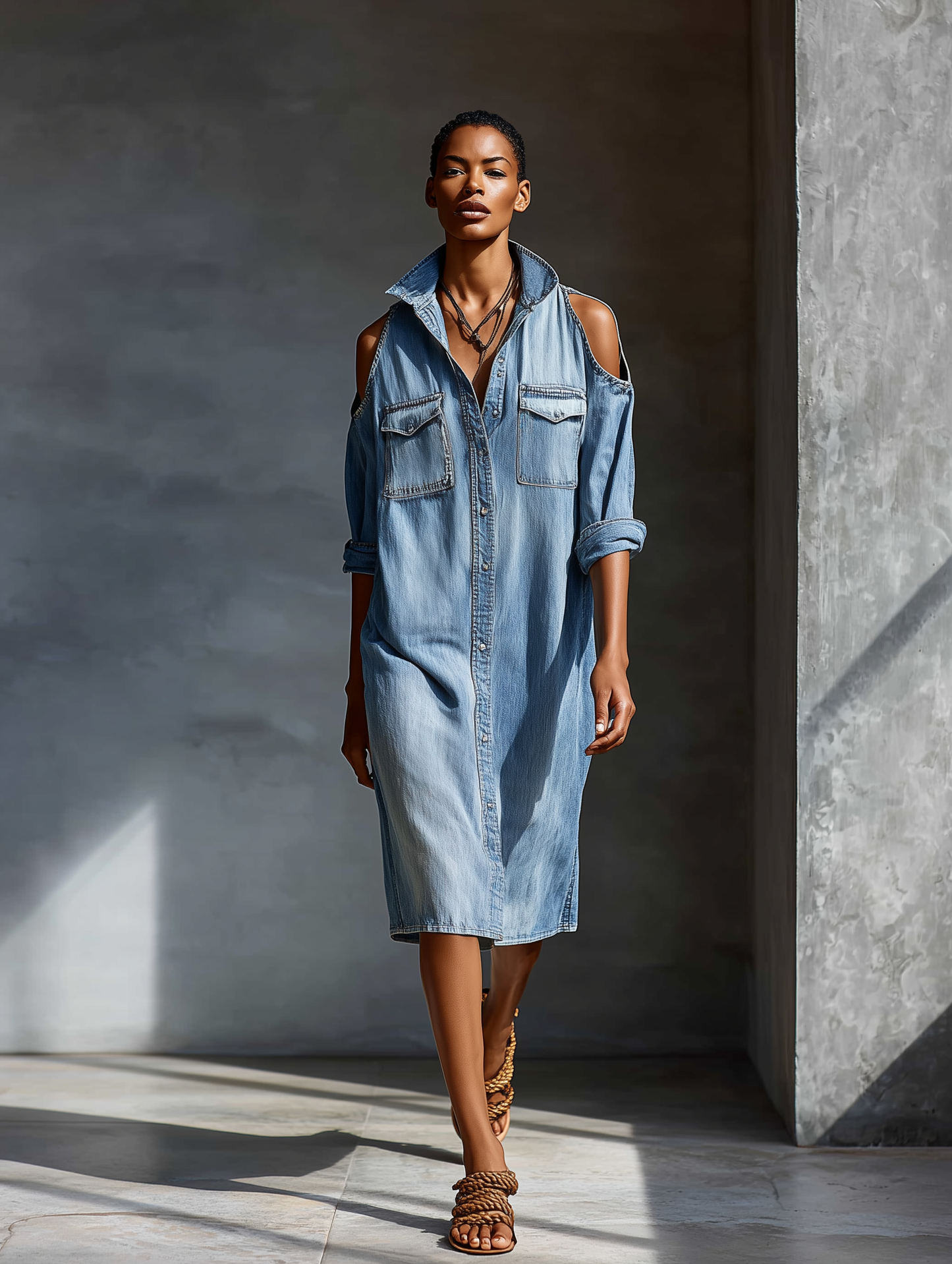 Vestido camisero de mezclilla azul claro para mujer, con hombros descubiertos y bolsillos en el pecho