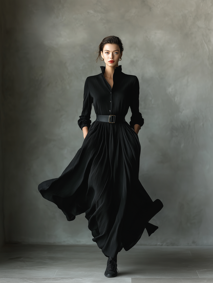 Vestido longo feminino vintage preto, de tecido misto texturizado e plissado