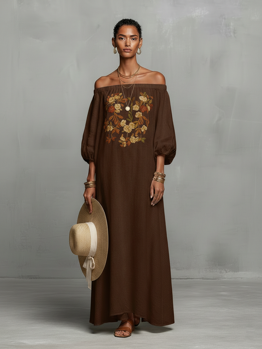 Women's Minimalist Off-the-shoulder Three-quarter Sleeve Embroidered Maxi Dress