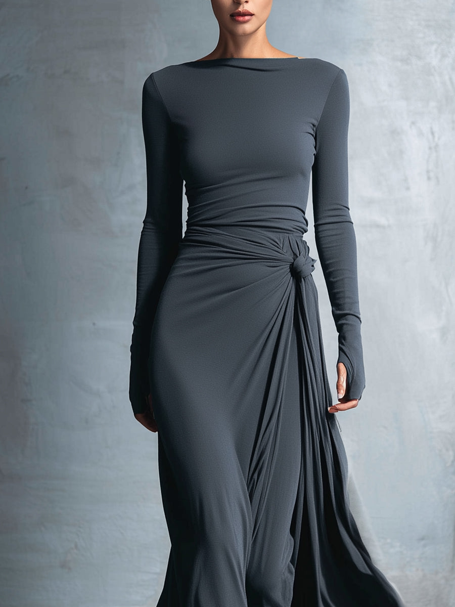Vestido feminino cinza transpassado de tecido misto com stretch e acabamento requintado — vestido longo com nó