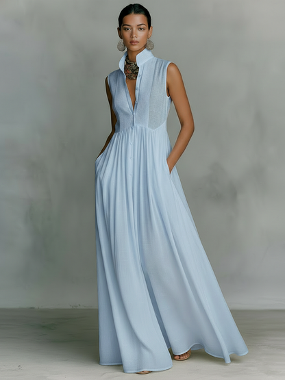 Vestido feminino minimalista longo, sem mangas, de mistura de algodão e linho