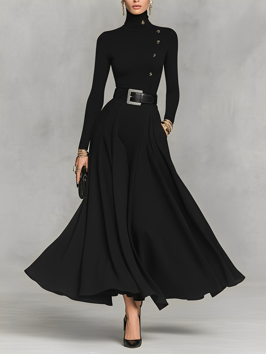Vestido longo feminino preto de malha, elegante, com gola alta e detalhes de botões