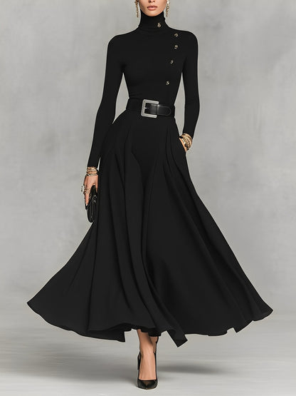 Vestido longo feminino preto de malha, elegante, com gola alta e detalhes de botões