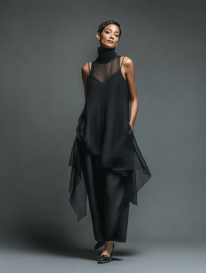 Women's Minimalist Imitation Acetate Slip Dress Paired With A Chiffon Overlay Maxi Dress