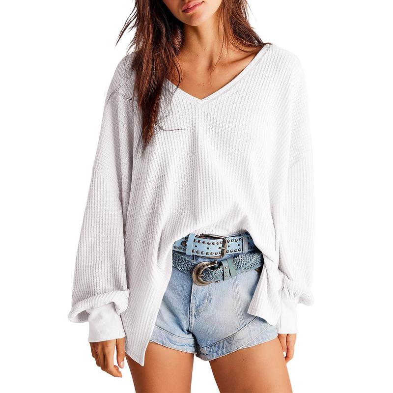 NORA™ - Blusa de punto waffle para mujer con cuello en V, manga farol y corte oversize