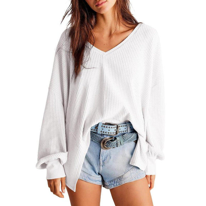 NORA™ - Blusa de punto waffle para mujer con cuello en V, manga farol y corte oversize