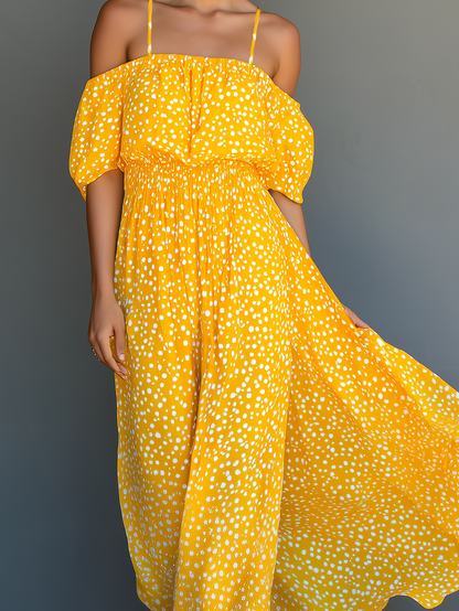 Women's Casual Yellow Chiffon Suspender Short-sleeved Long Dress