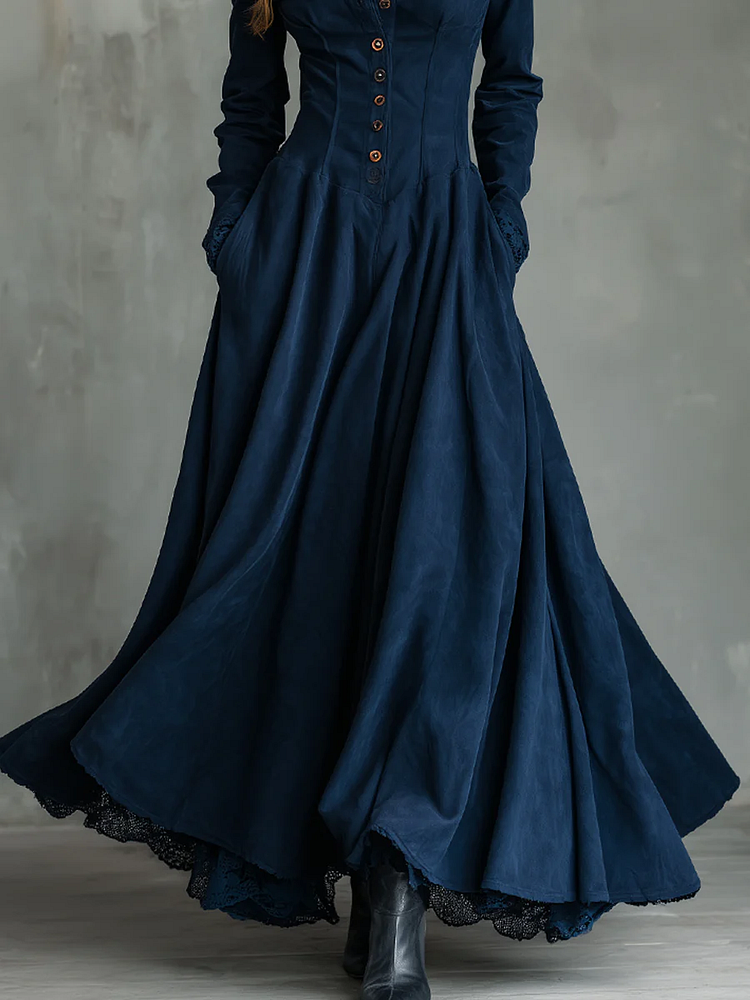 Vestido longo gótico azul-marinho em camurça sintética com renda