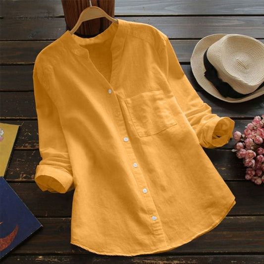 Camisa de linho feminina com mangas longas e gola mandarim