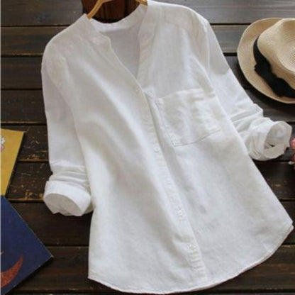 Linen shirt for women with long sleeves and mandarin collar