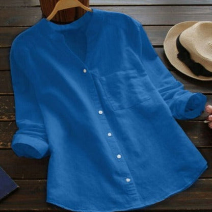 Linen shirt for women with long sleeves and mandarin collar