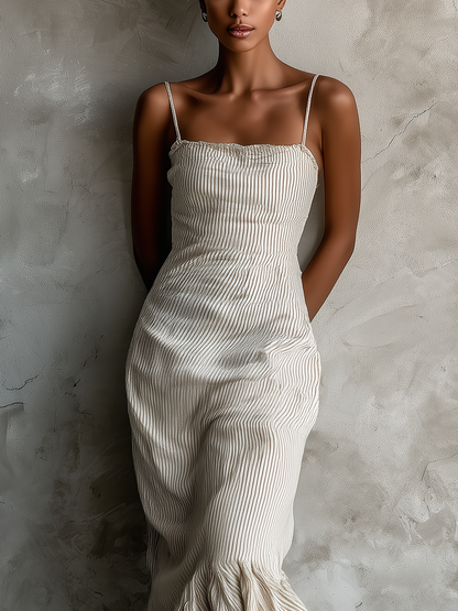 Vestido maxi feminino bege listrado, com alças finas e barra assimétrica com babados