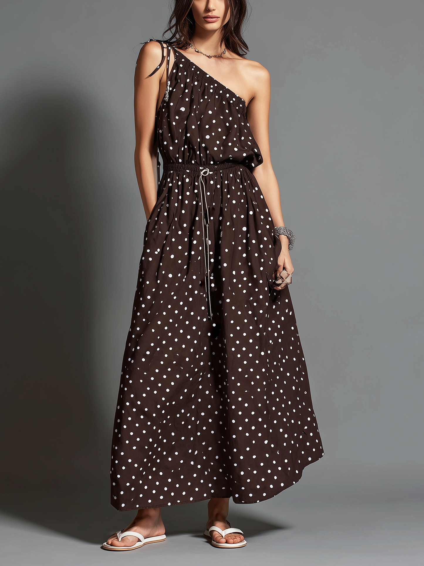 Vestido largo casual de mujer, marrón, con estampado de lunares, tejido, sin hombros y sin mangas