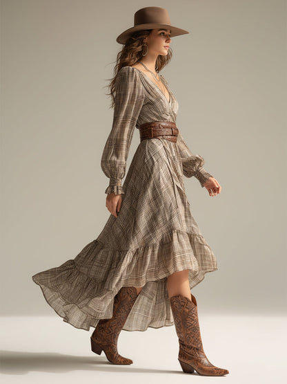 Beige ternet boheme-chiffon-midikjole med flæser til kvinder (uden bælte)