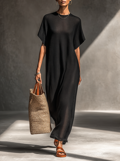Vestido longo feminino minimalista de malha transparente com mangas curtas