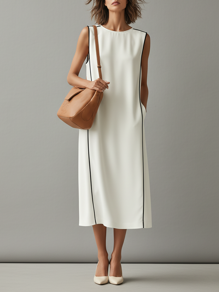 Weißes Damenkleid aus Baumwolle mit kontrastierenden Paspeln und Seitentaschen, zeitloser, minimalistischer und eleganter Stil