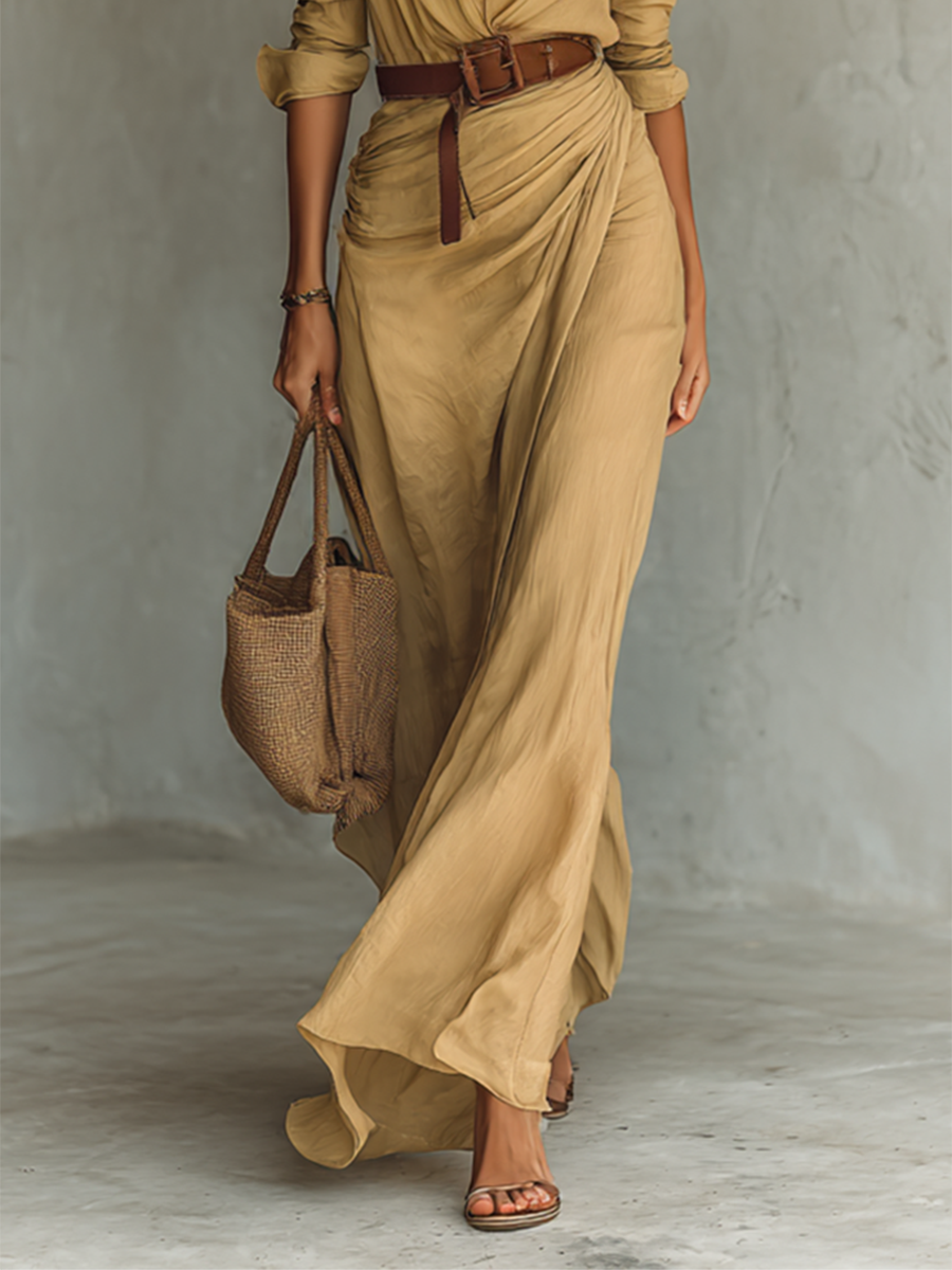 Damen Maxikleid mit Reverskragen, einreihiger Knopfleiste, langen Ärmeln und Taillengürtel