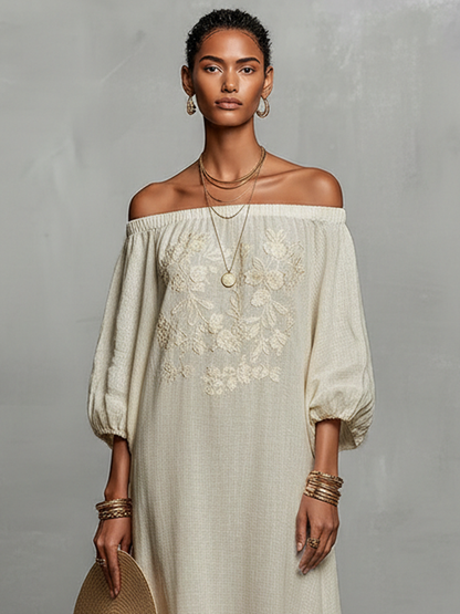 Women's Minimalist Off-the-shoulder Three-quarter Sleeve Embroidered Maxi Dress
