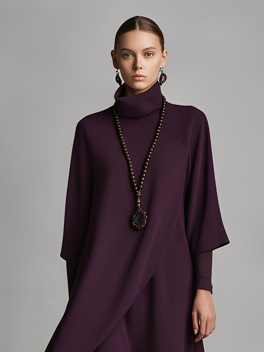 Vestido longo feminino elegante de malha de algodão com elastano, gola alta, drapeado, na cor ameixa, com bordado