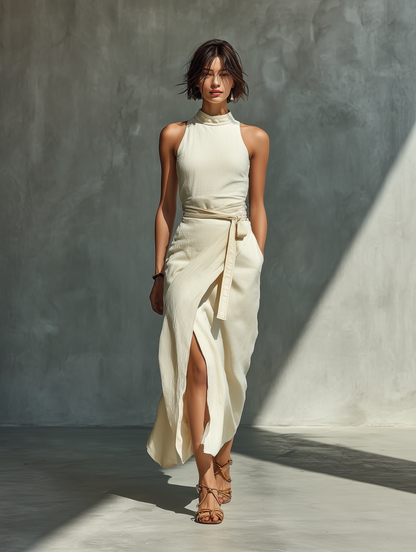 Cremefarbenes Damen-Midikleid mit Neckholder, Wickelrock und Taillenband-Detail