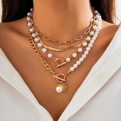 Juego de collares vintage de perlas y cadena de serpiente dorada | Dorado