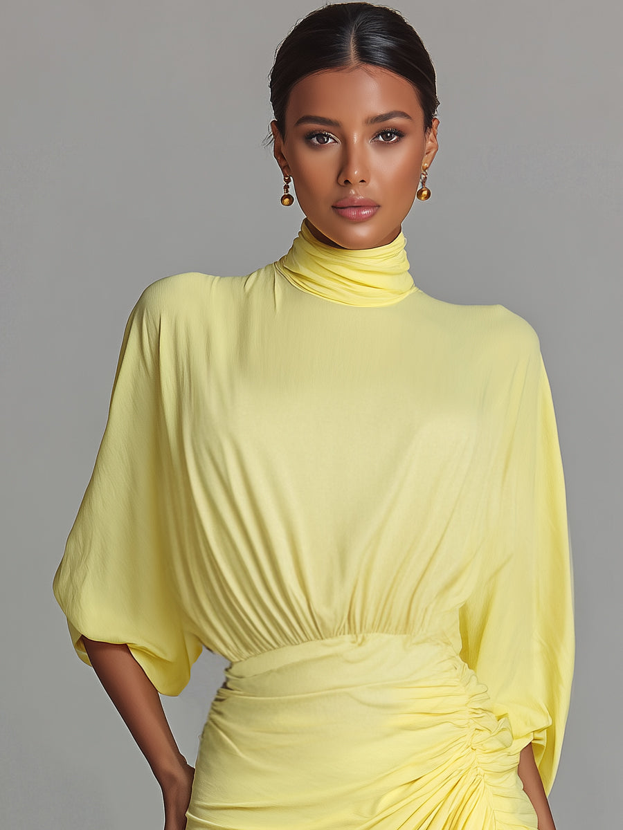 Vestido maxi feminino amarelo-brilhante, confortável e com tecido misto, de caimento drapeado