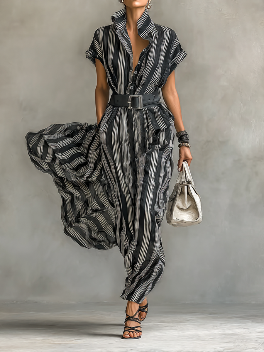 Vestido maxi feminino de chiffon listrado estampado, com gola de lapela e mangas curtas