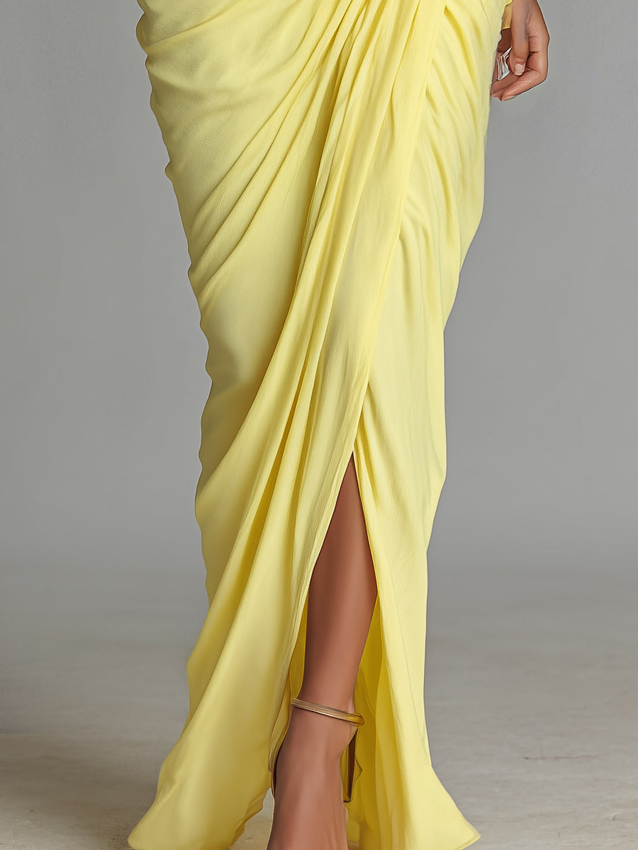 Vestido maxi feminino amarelo-brilhante, confortável e com tecido misto, de caimento drapeado