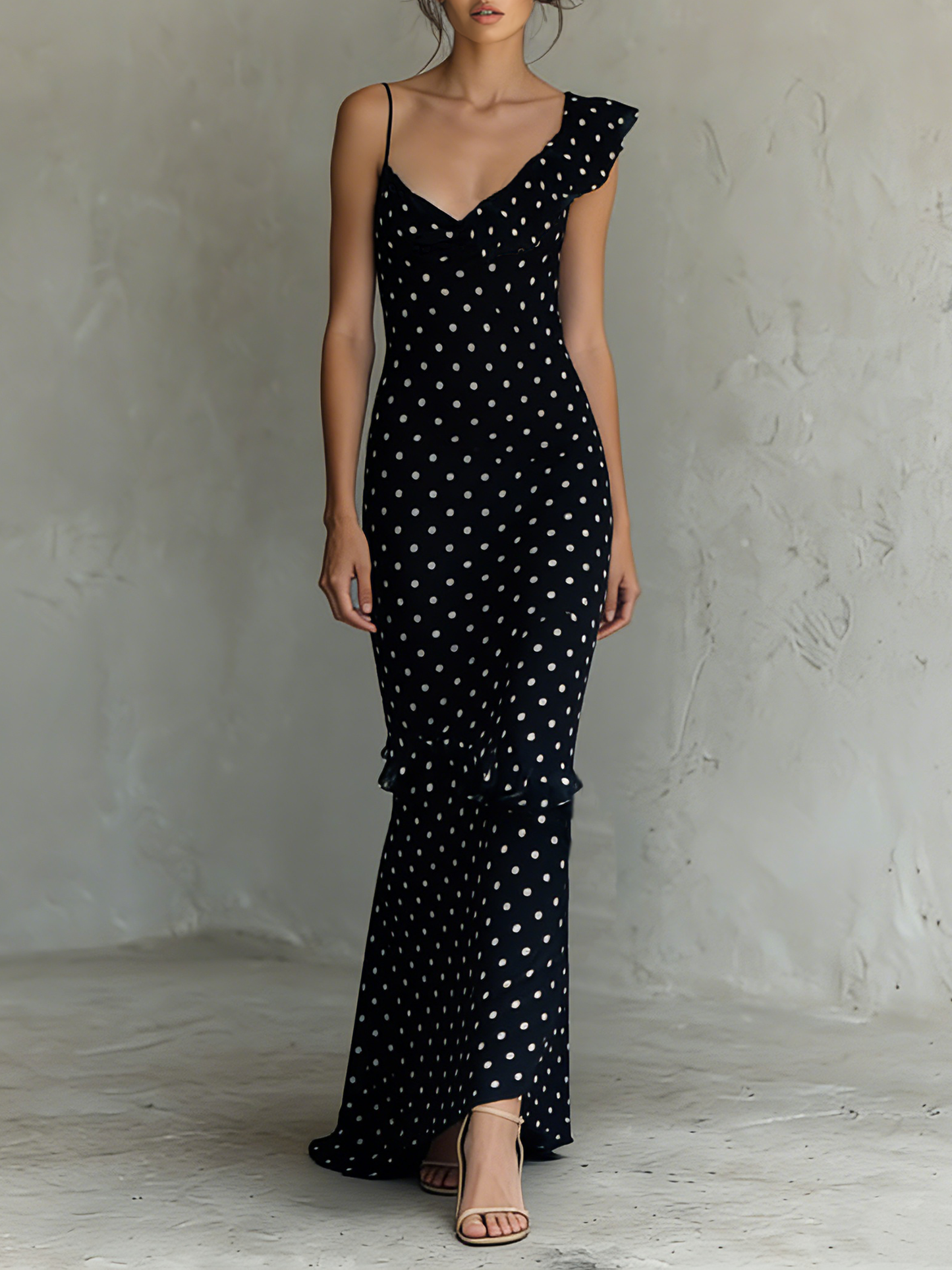 Vestido feminino longo minimalista de chiffon com poás, sem mangas e decote em V