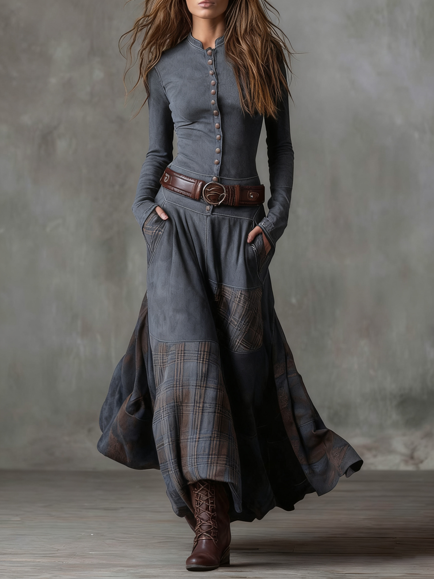 Vestido longo vintage de camurça azul-marinho com painéis xadrez (com cinto)